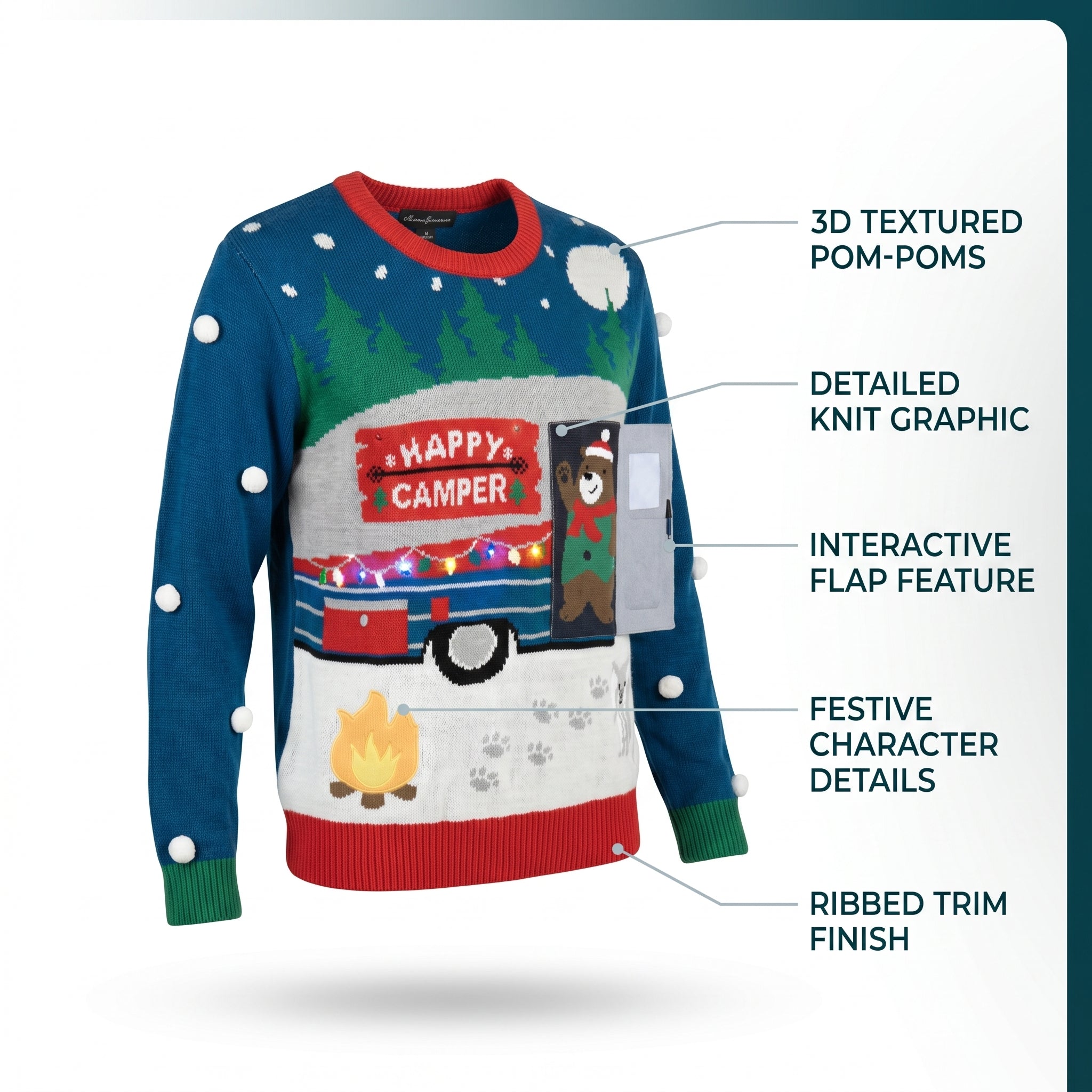 Ugly Christmas Sweater Women Pullover - Light Up Happy Camper Interactive Holiday Sweater with LED Lights, Bear Flap, 3D Details - Adult S/M