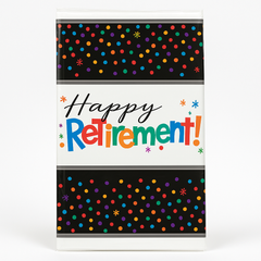 "Happy Retirement" Polka Dot Plastic Table Cover, 54x102-inch - 54 x 102 in.