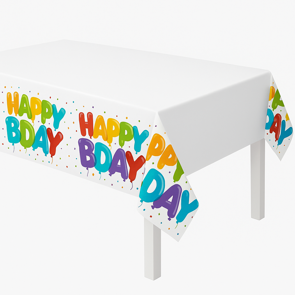 Balloon Birthday "Happy Bday" Plastic Table Cover - Reusable, 54x102-inch