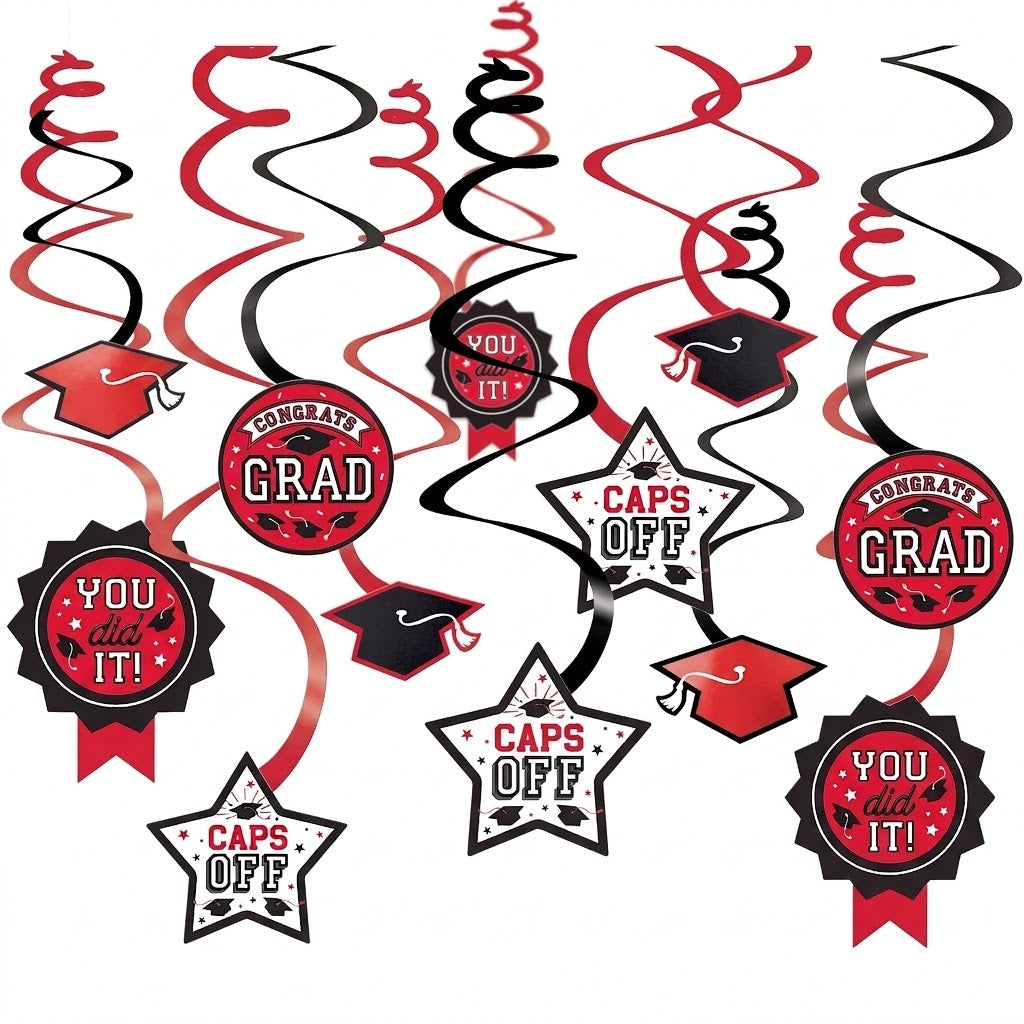 Red Graduation Swirl Decorations - 12 Pack