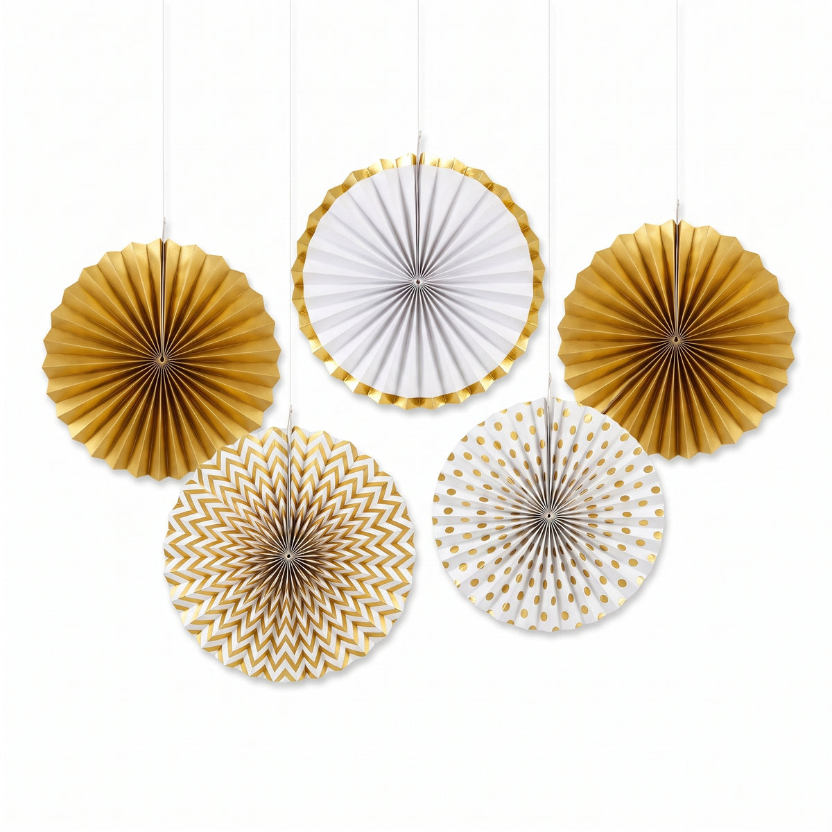 Mini Gold Patterned Paper Fan Decorations, 5-Pack