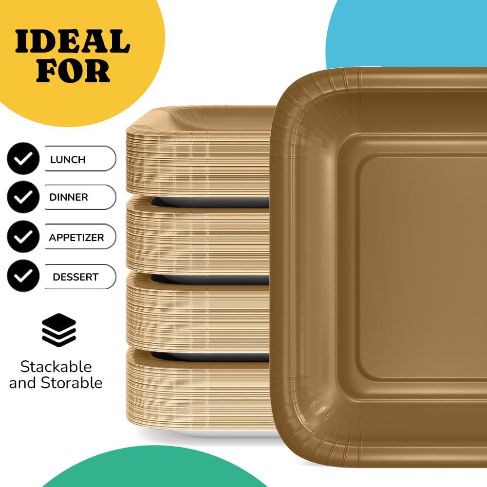 9 In. Bronze Square Paper Plates | 50 Count