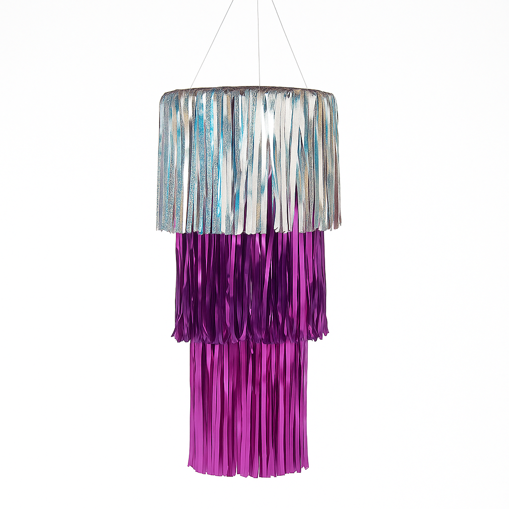Sparkle Fringe 3-Tier Chandelier Decoration, Silver/Purple/Pink, 38"