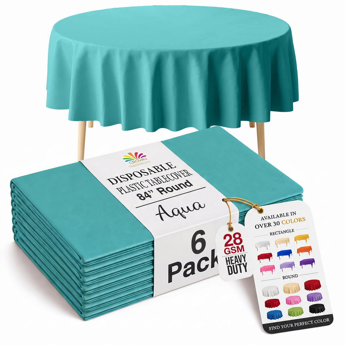 Round Aqua Blue Plastic Table Covers | 6 Pack | 84 in.