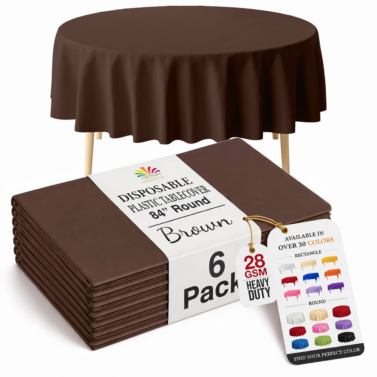 Round Brown Plastic Table Covers | 6 Pack | 84 in.