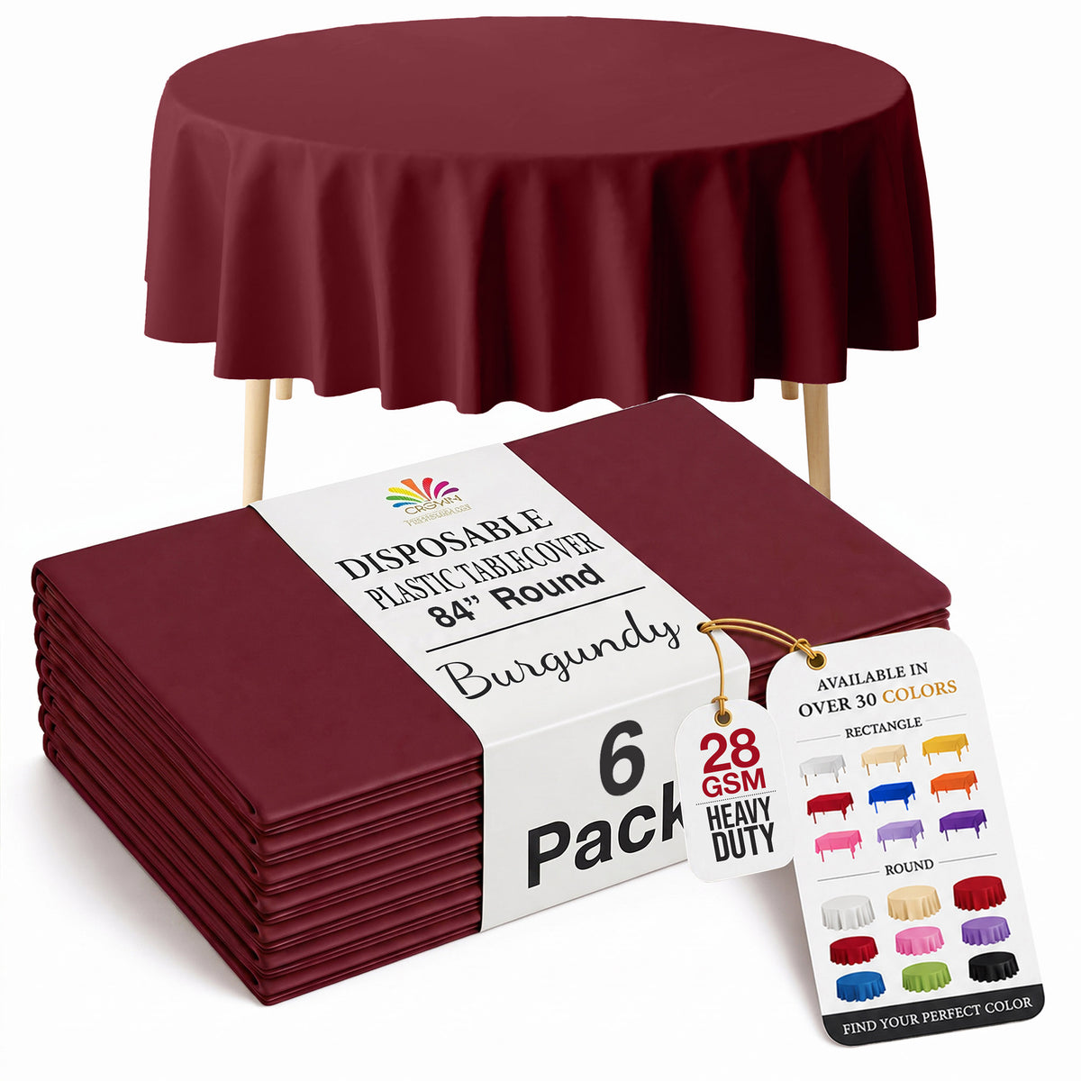 Round Burgundy Plastic Table Covers | 6 Pack | 84 in.