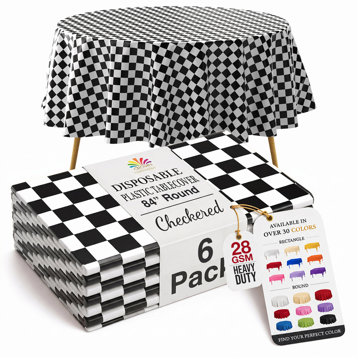 Round Black/White Checkered Plastic Table Covers | 6 Pack | 84 in.