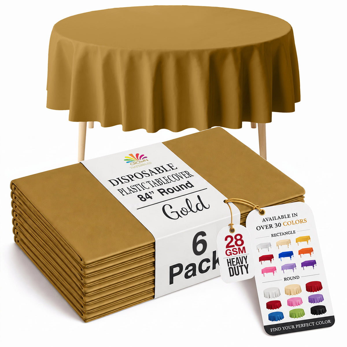 Gold Round Plastic Table Covers | 6 Pack | 84 in.