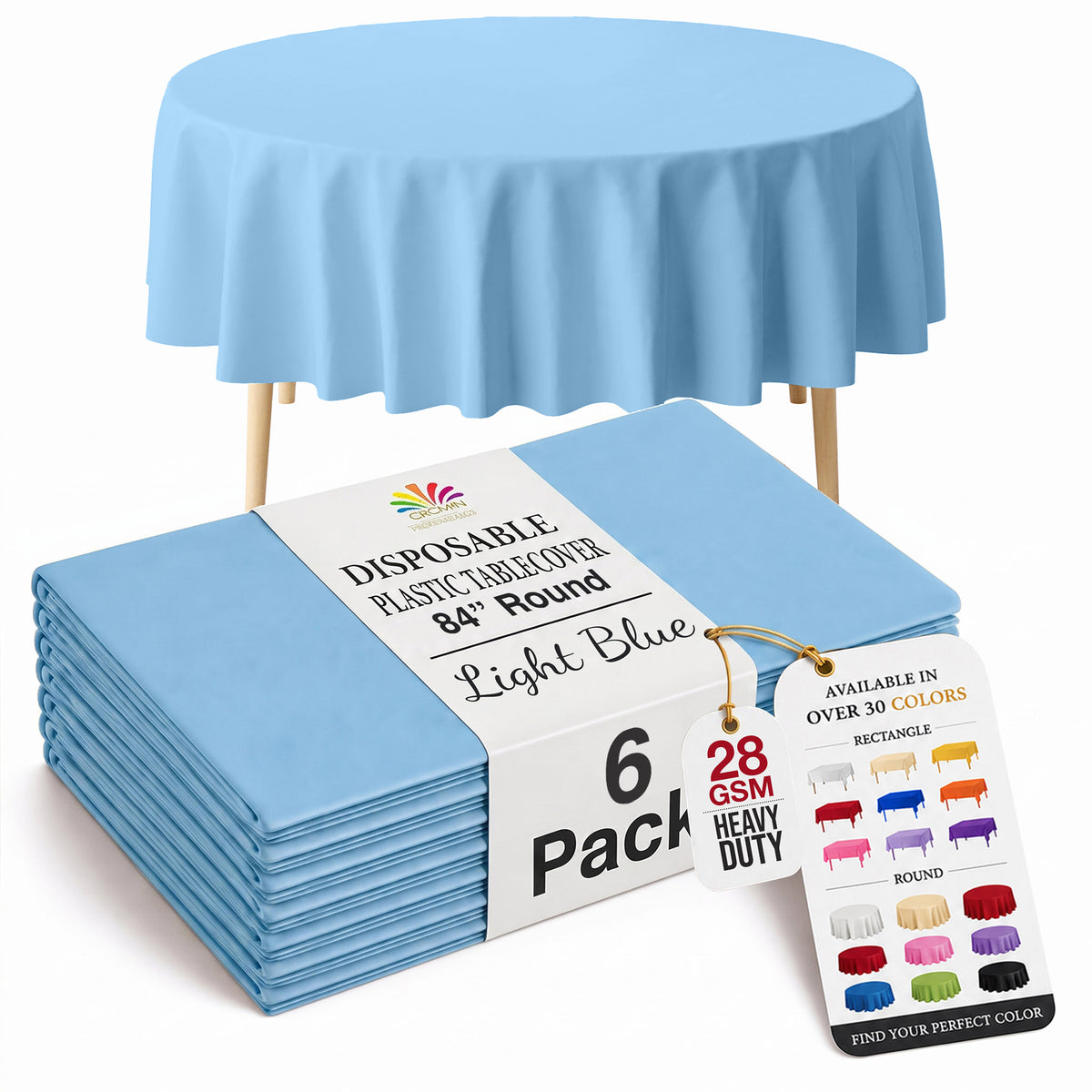 Round Light Blue Plastic Table Covers | 6 Pack | 84 in.