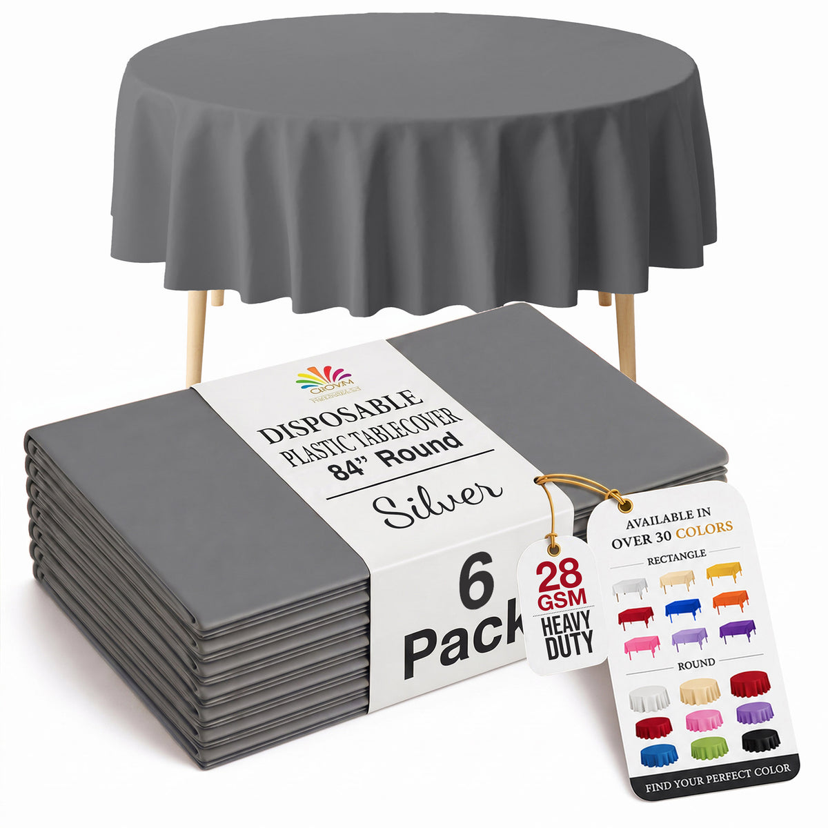 Round Silver Plastic Table Covers | 6 Pack | 84 in.