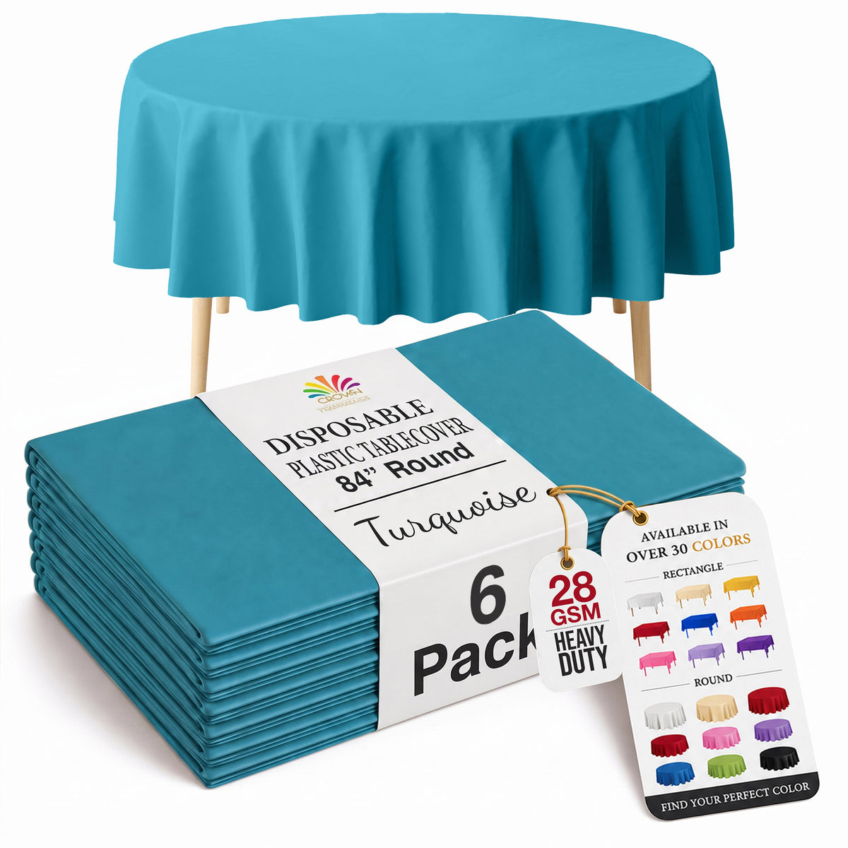 Round Turquoise Plastic Table Covers | 6 Pack | 84 in.