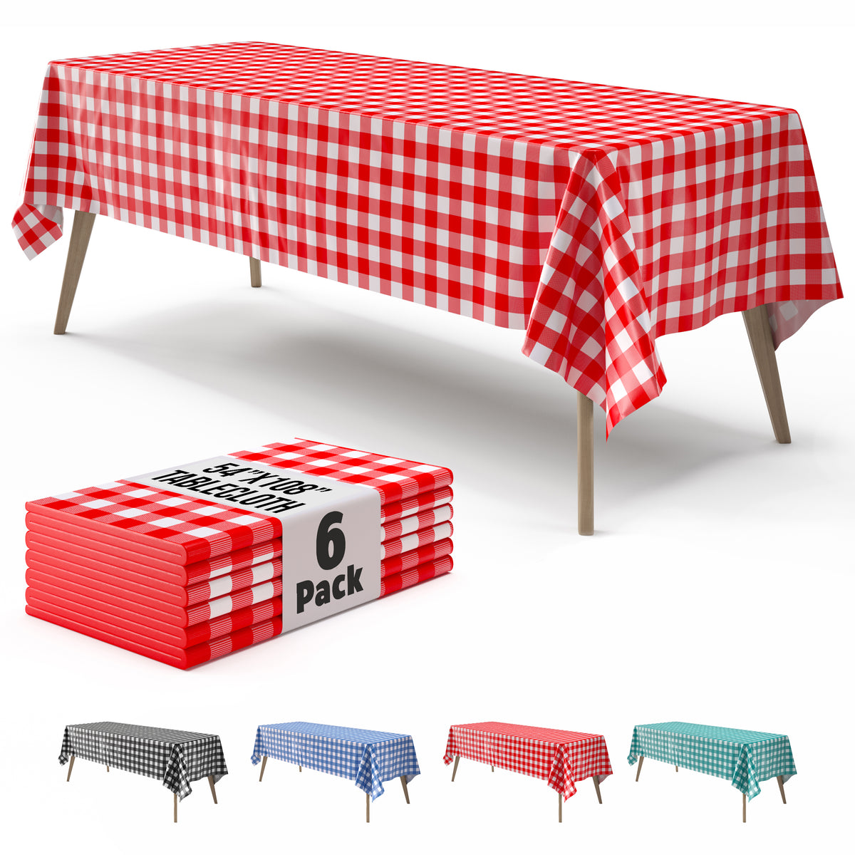 Red Gingham Plastic Table Covers | 6 Pack | 54 in. x 108 in.