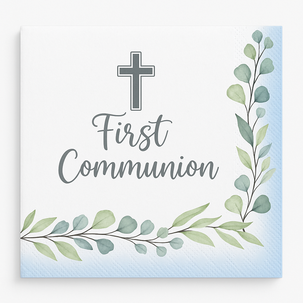 First Communion Beverage Napkins - Blue & White with Silver Cross, 40-Pack - 5 In. X 5 In.