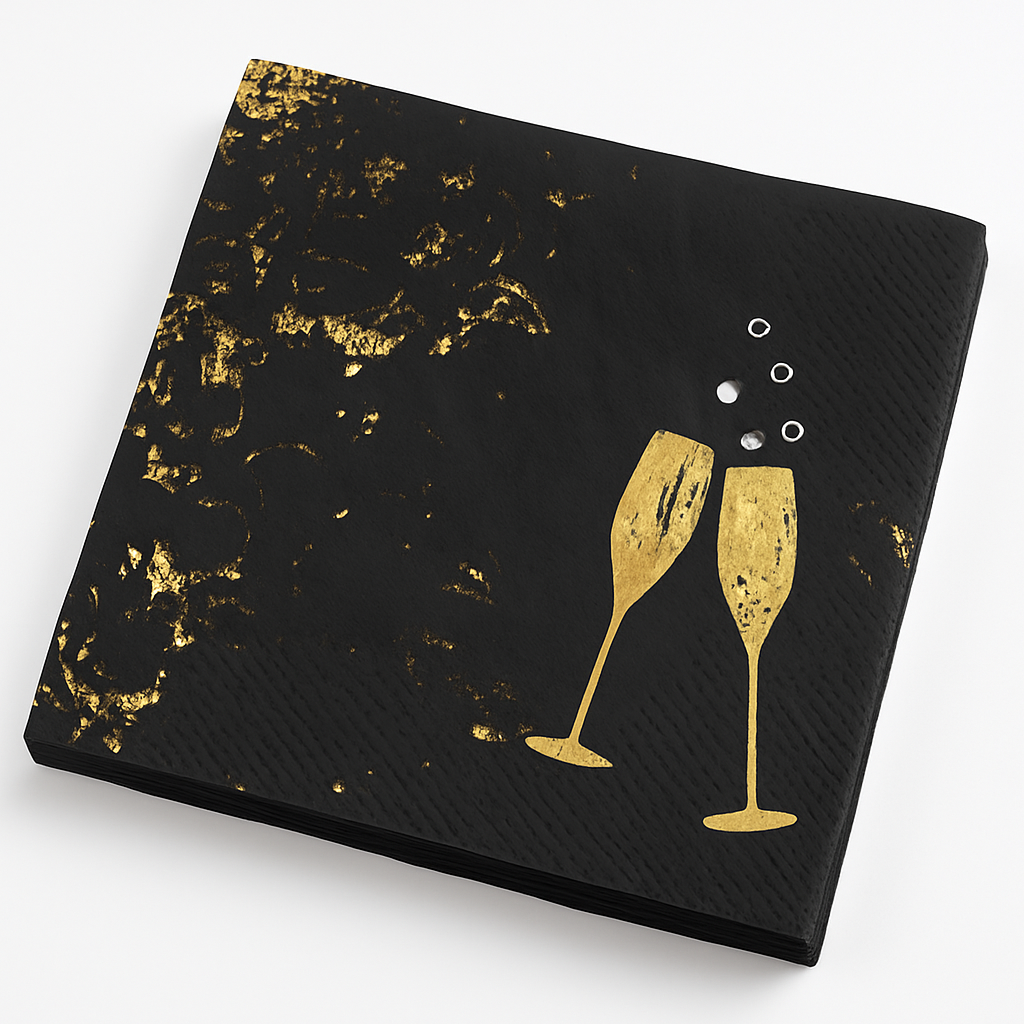 "Cheers For The New Year" Black and Gold Beverage Napkins, 40 Pack - 5 In. X 5 In.