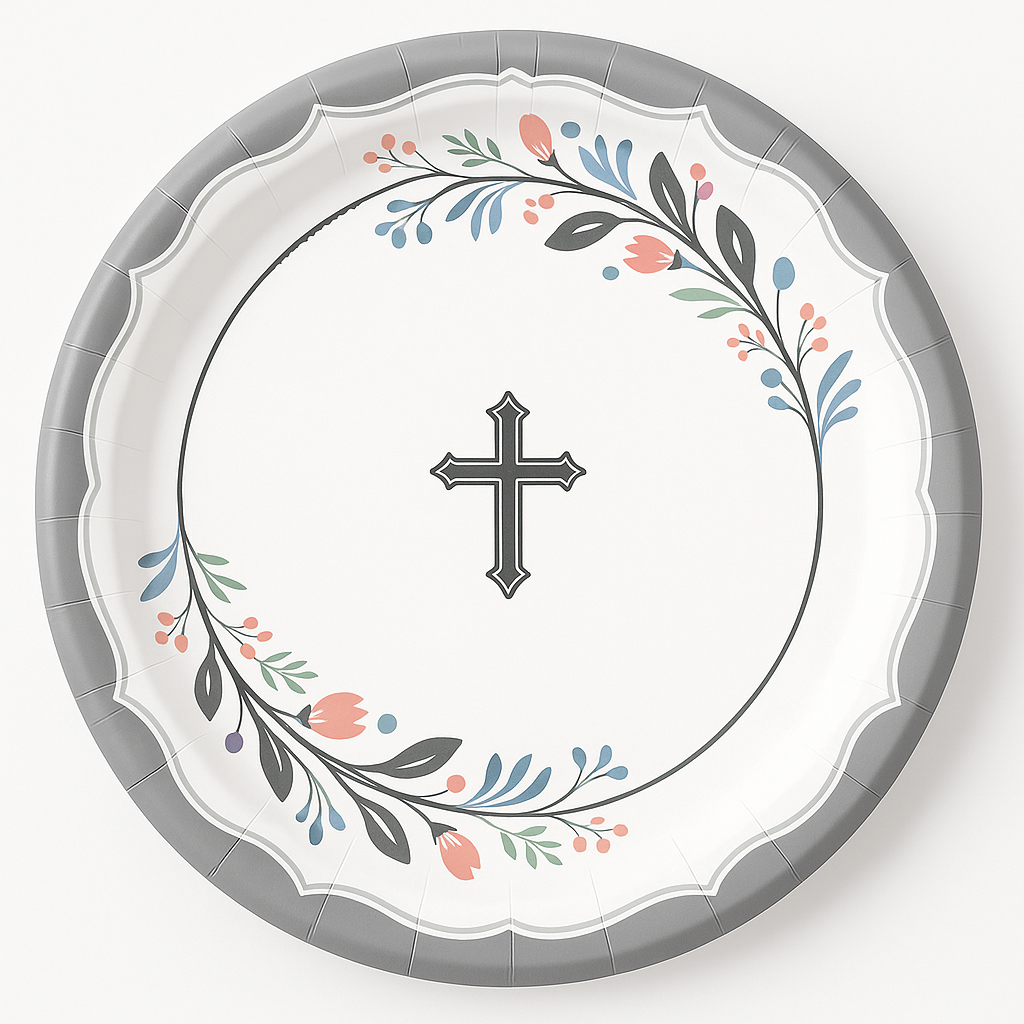 Holy Day Floral Silver Cross Paper Plates, 10.5-Inch, 18-Pack