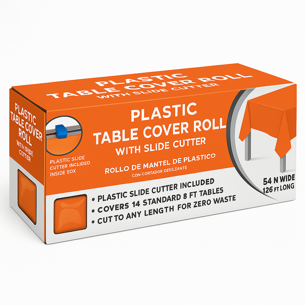 Orange Plastic Table Cover Roll with Slide Cutter - 54 in x 126 ft