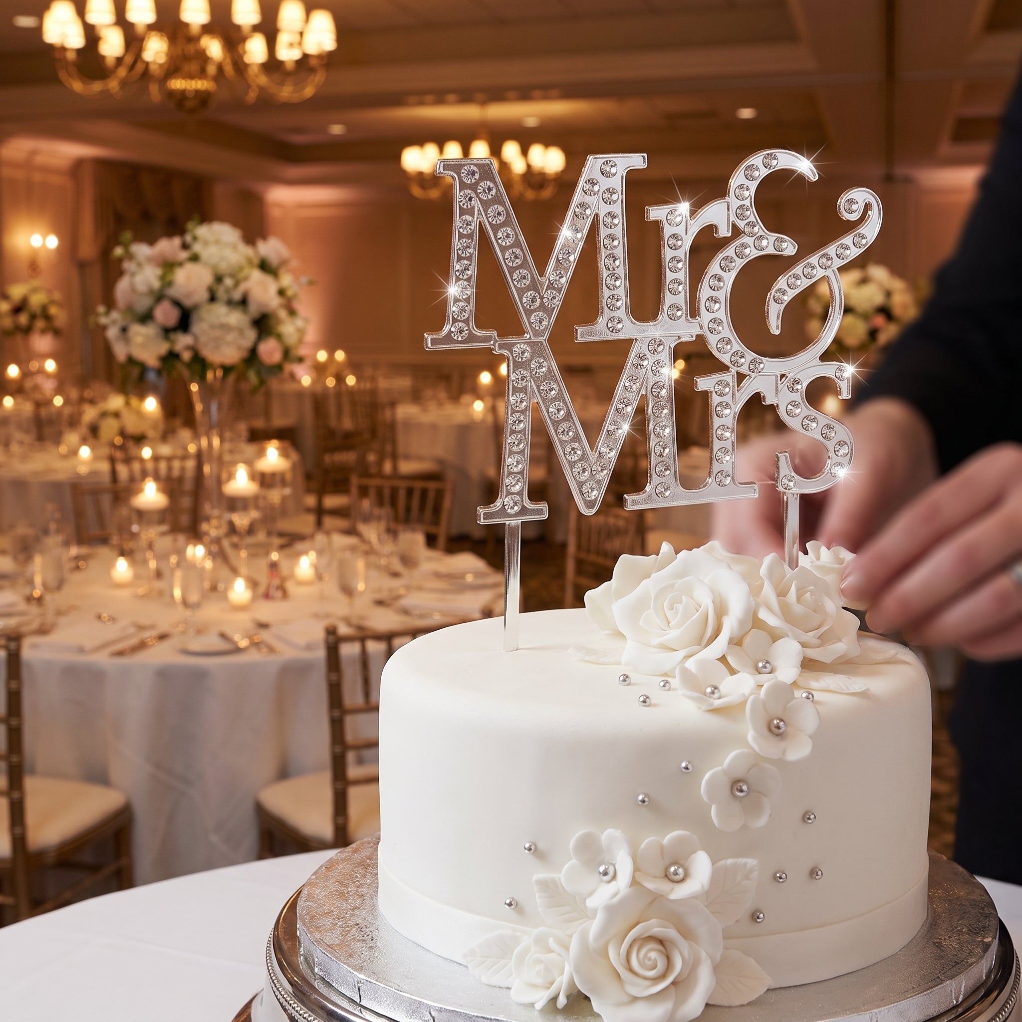 "Mr & Mrs" Rhinestone Wedding Cake Topper, Silver