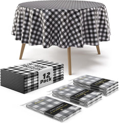 Round Black Gingham Plastic Table Covers | 12 Pack - 84 in.