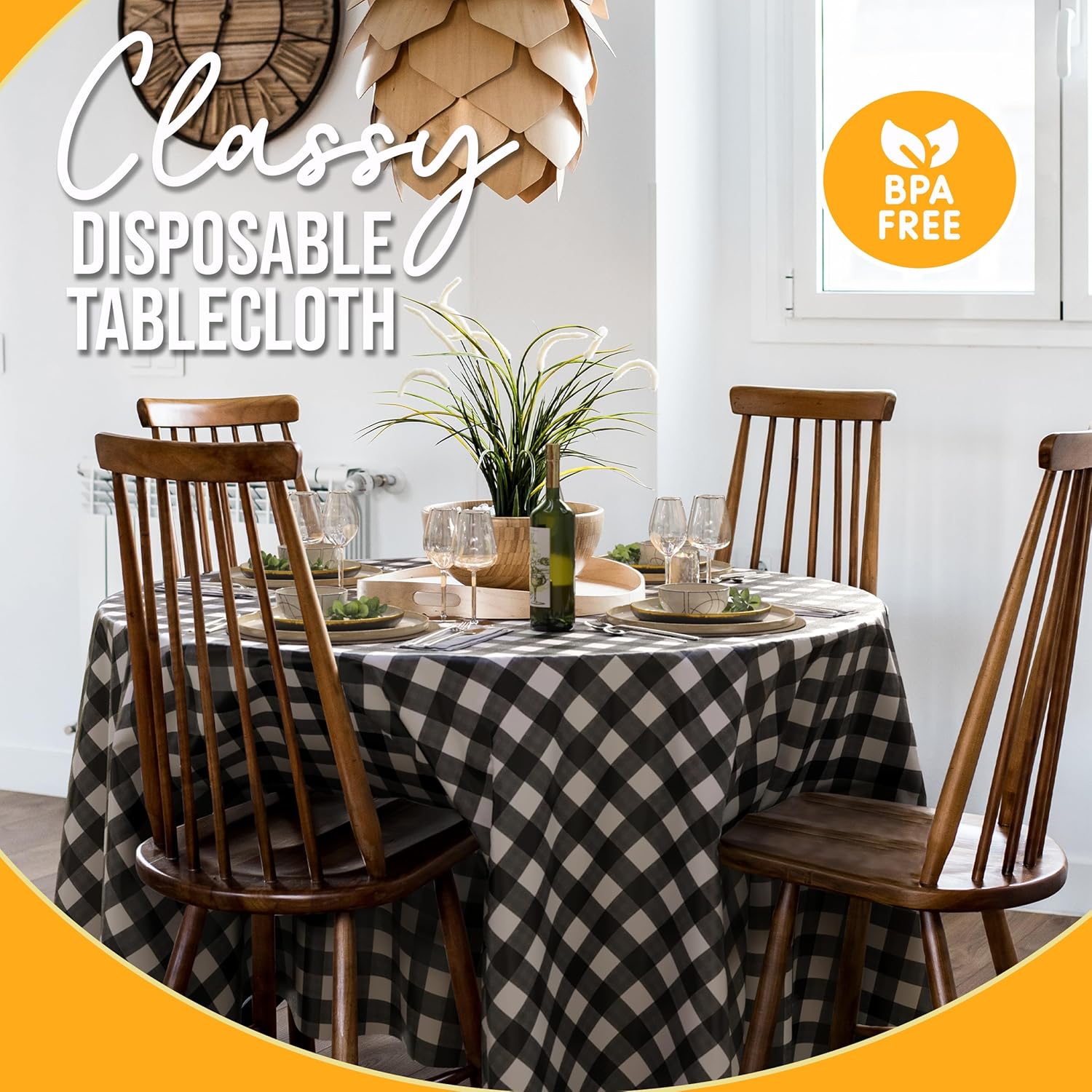 Round Black Gingham Plastic Table Cover - 84 in.