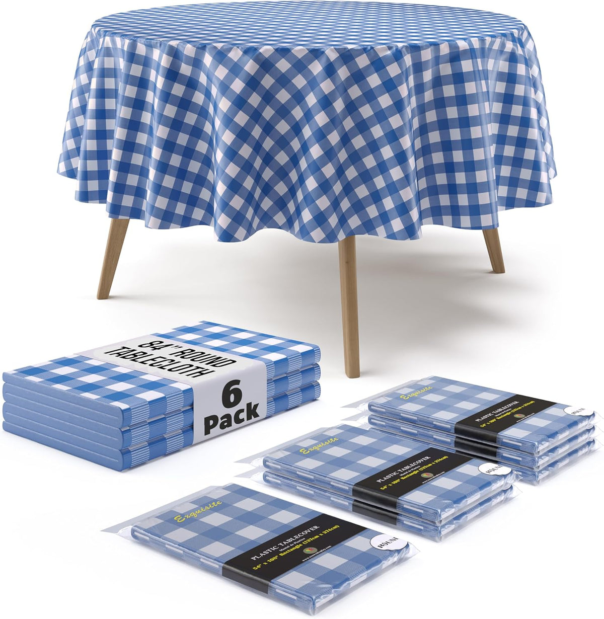 Round Blue Gingham Plastic Table Covers | 6 Pack - 84 in.