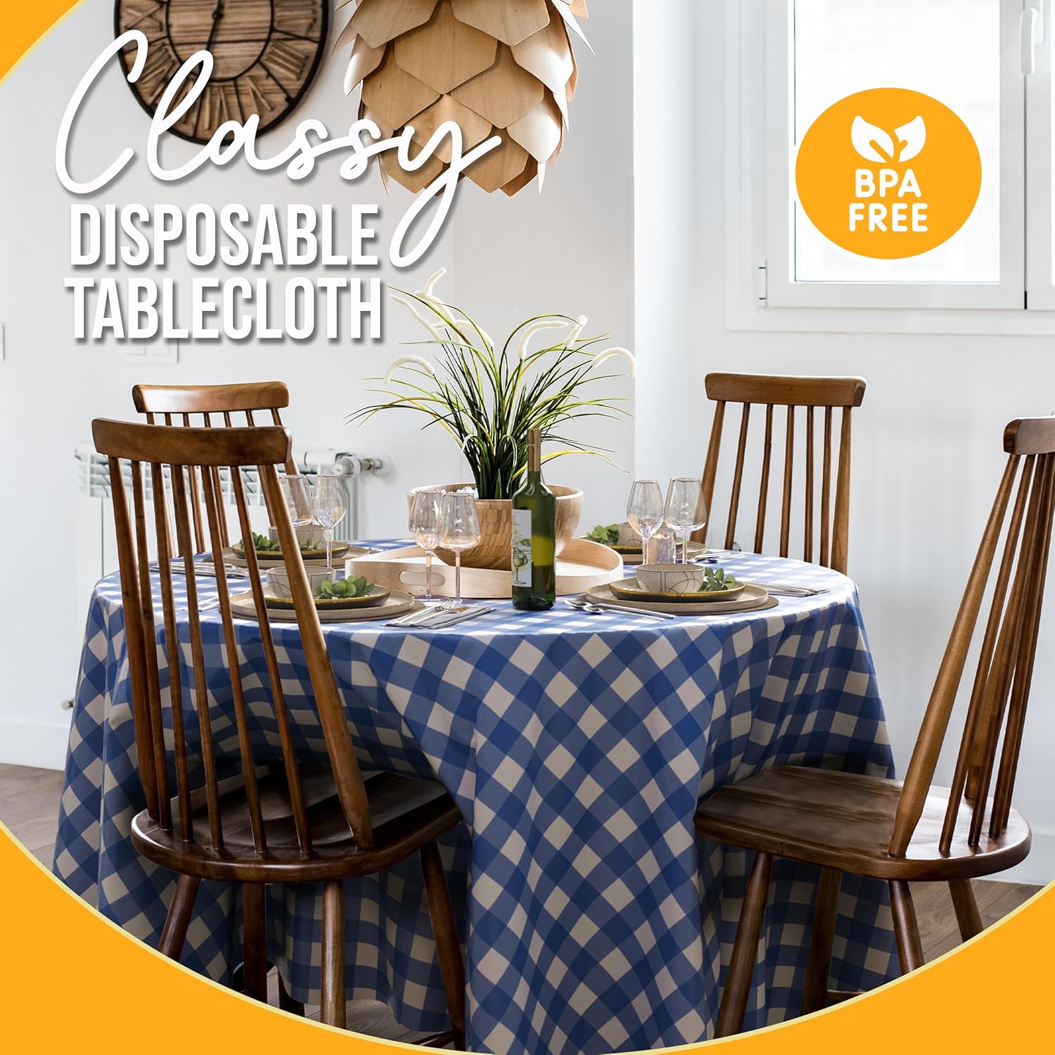 Round Blue Gingham Plastic Table Cover - 84 in.