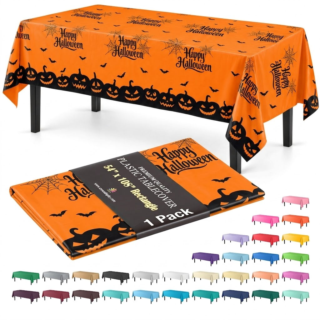Happy Halloween Orange Plastic Table Cover | 54 in. x 108 in.
