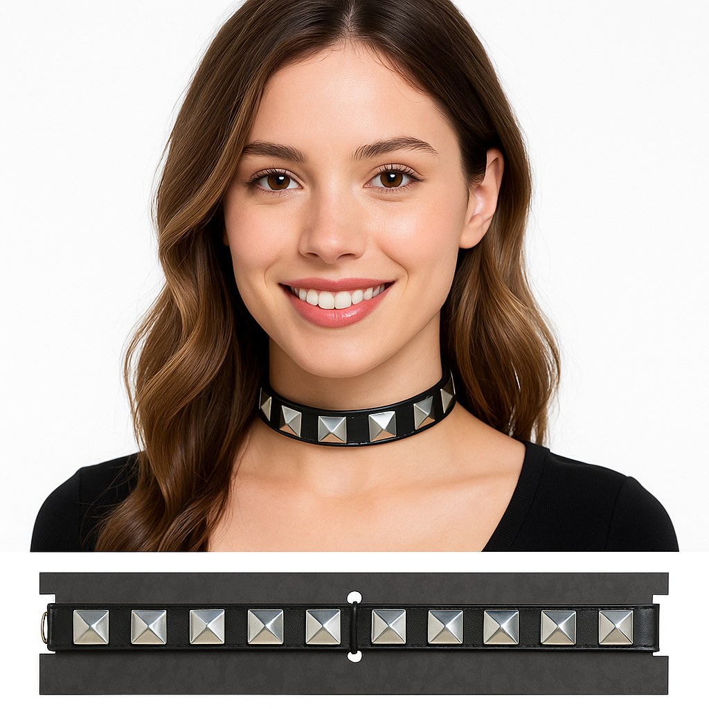Studded Leather Choker Necklace - Black/Silver Halloween Costume Accessory