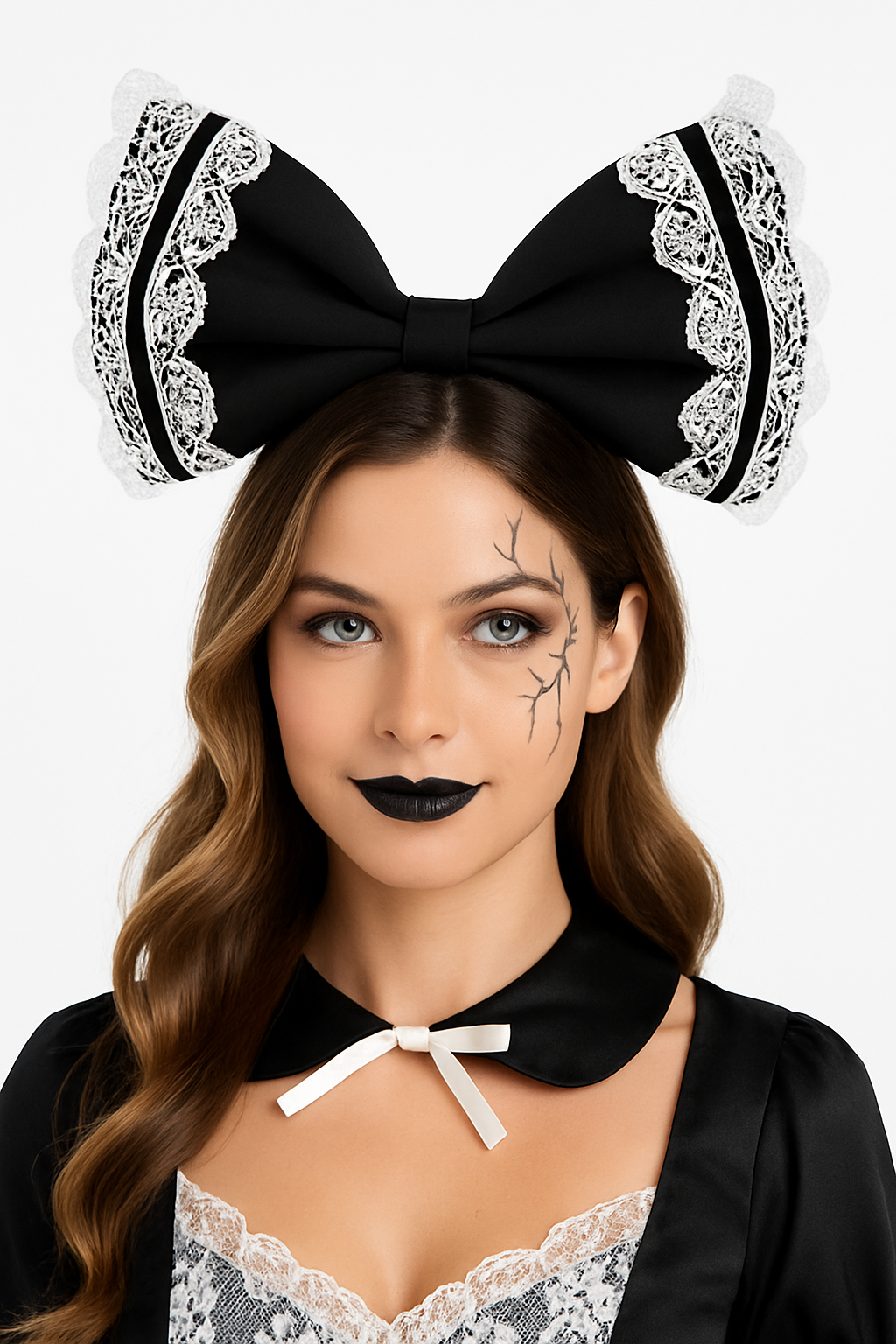 Dark Creepy Doll Lace Bow Headband - Halloween Costume Accessory