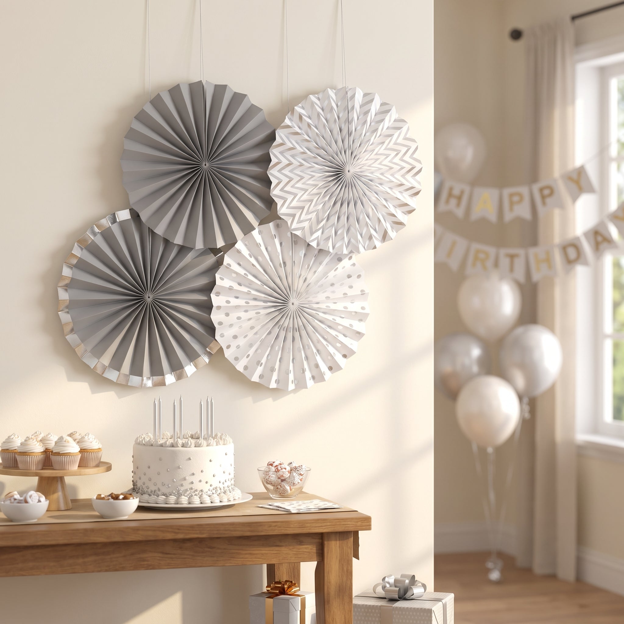 Silver Patterned Paper Fan Decorations - 5-Pack