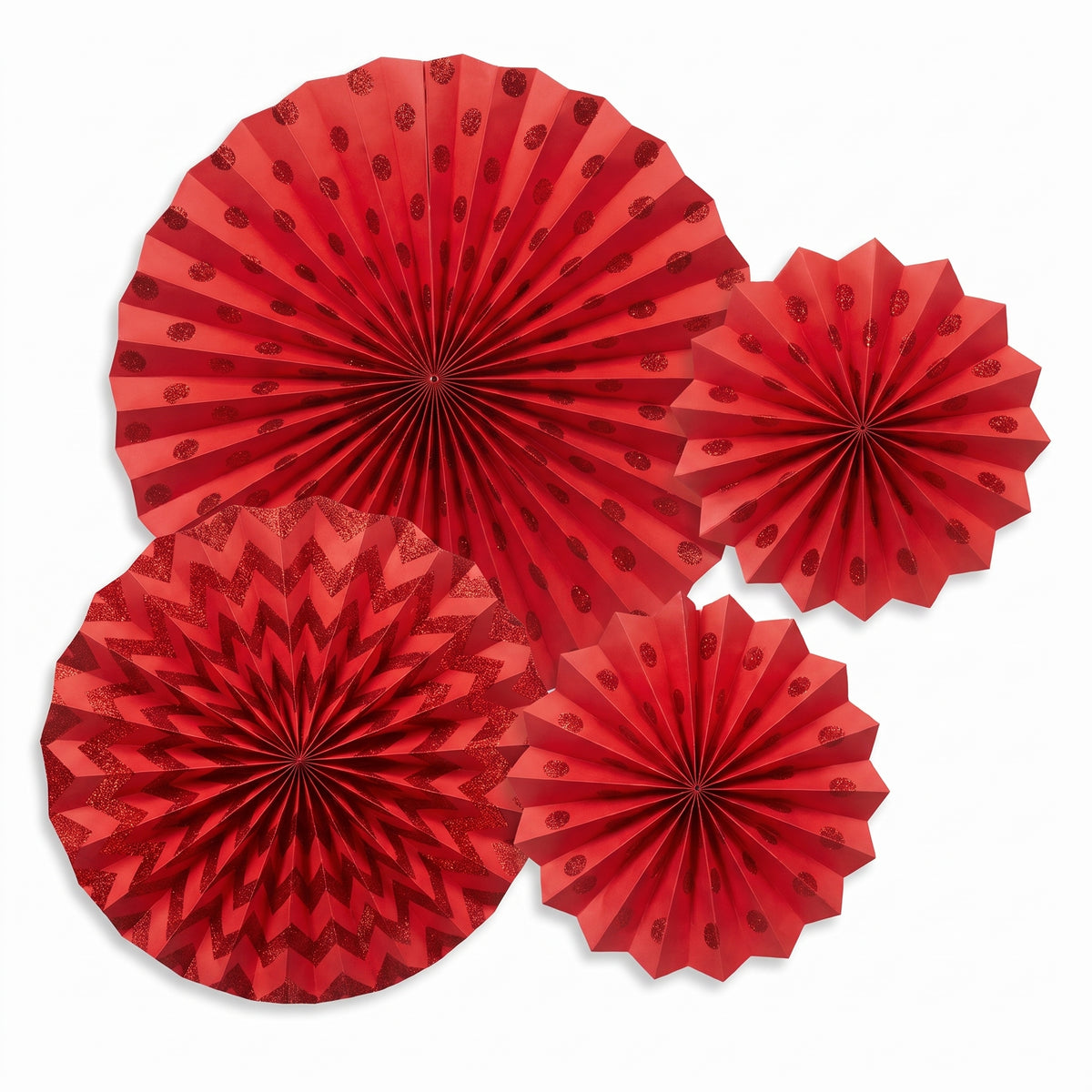 Red Glitter Paper Fan Decorations Set - Polka Dot & Chevron