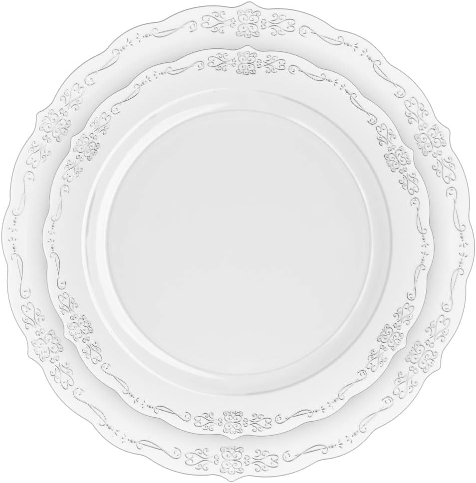 9 In. Clear Victorian Design Plates | 20 Count