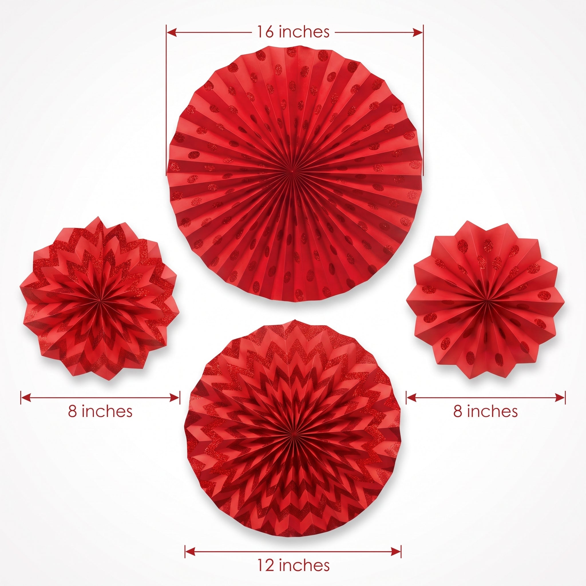 Red Glitter Paper Fan Decorations Set - Polka Dot & Chevron