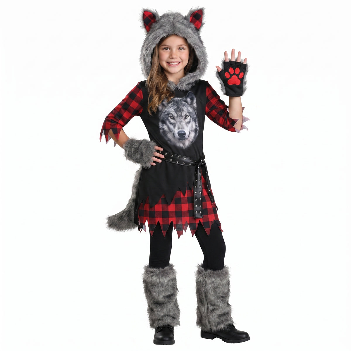 Kids' She-Wolf Halloween Costume with Faux Fur and Plaid Details - Child L (12-14)