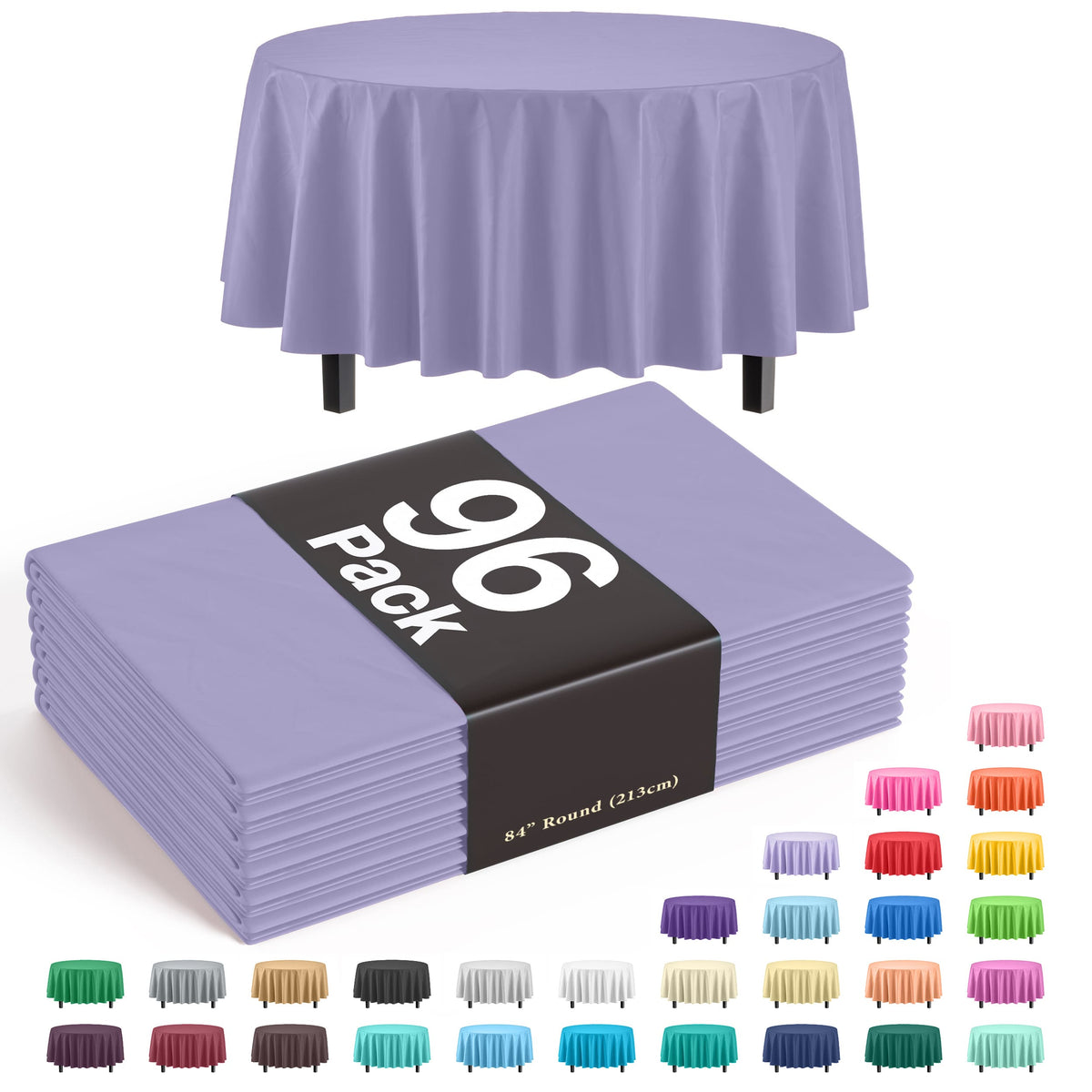Premium Round Lavender Plastic Table Cover | Case of 96