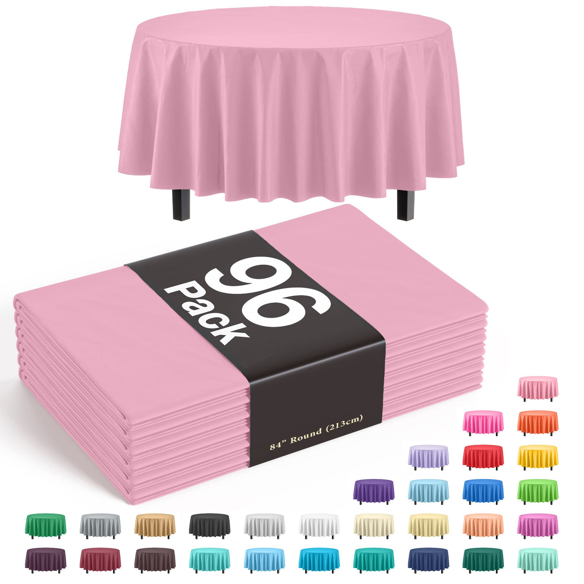 Premium Round Pink Plastic Table Cover | Case of 96
