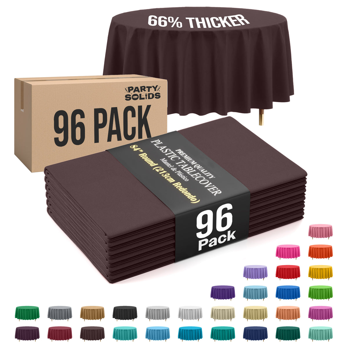 Premium Round Brown Plastic Table Cover | 84 in. | Case of 96
