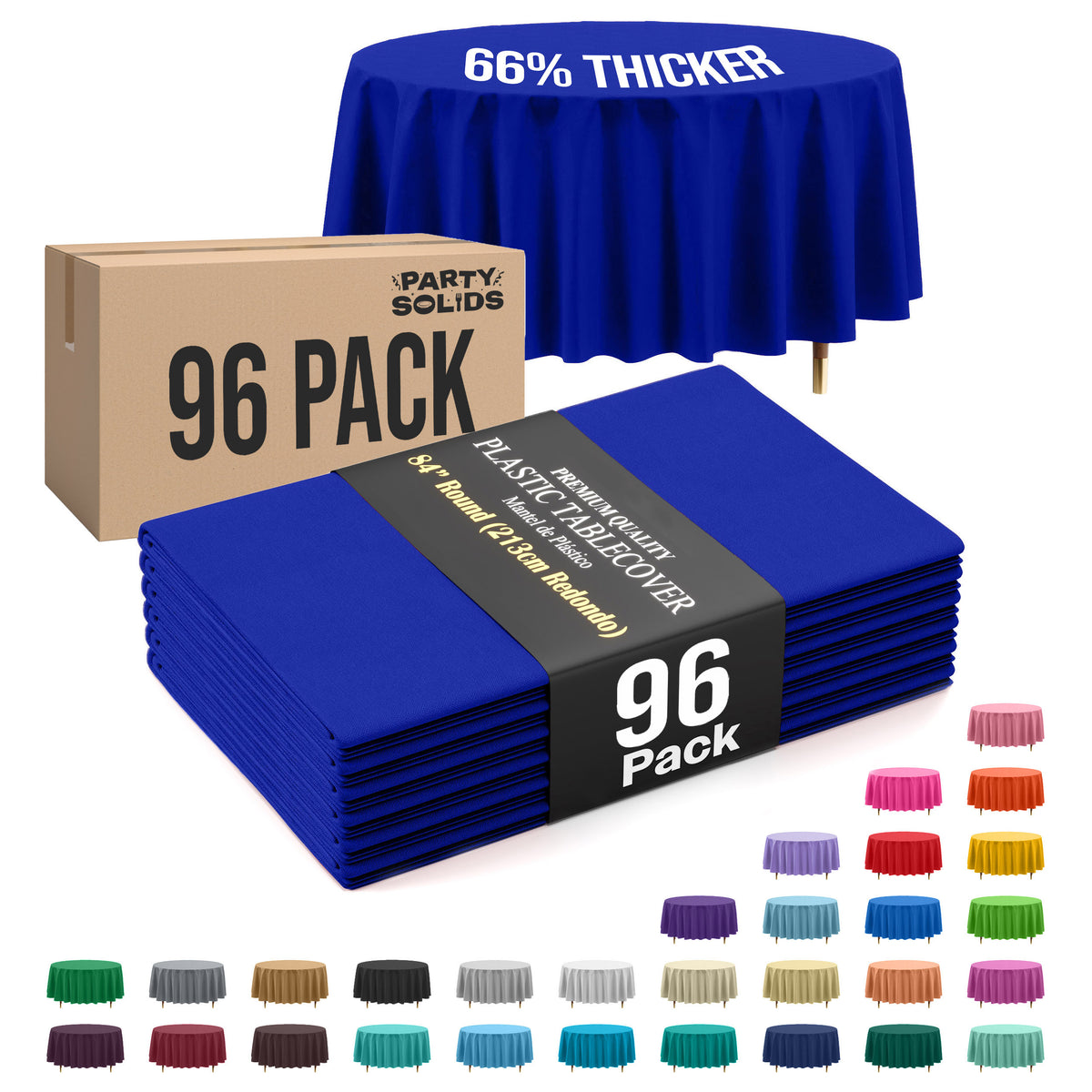 Premium Round Dark Blue Plastic Table Cover | 84 in. | Case of 96