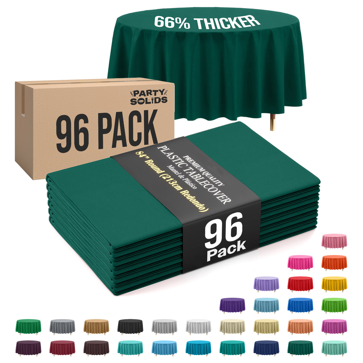 Premium Round Dark Green Plastic Table Cover | 84 in. | Case of 96