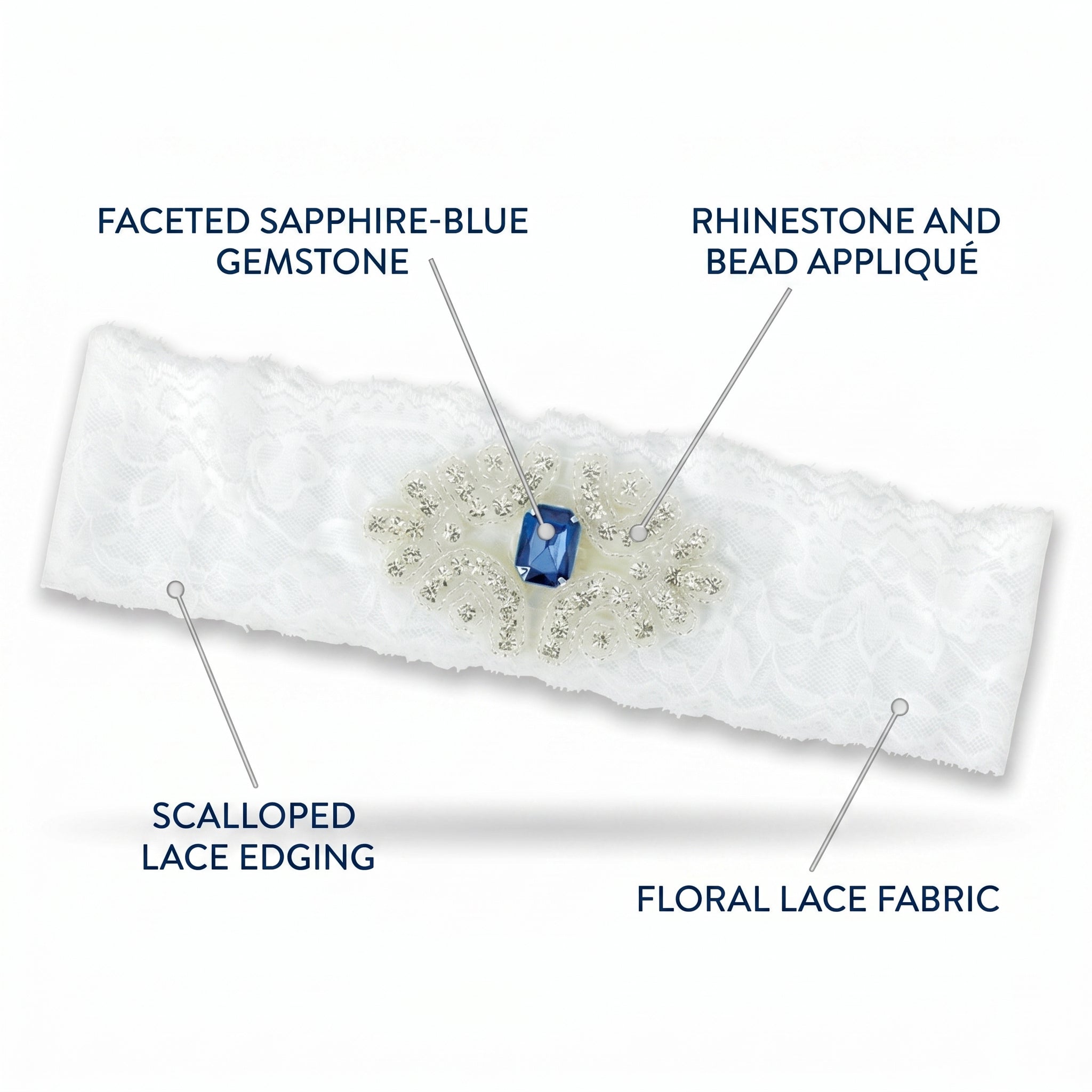 Something Blue Bridal Garter - White Lace Wedding Garter with Sapphire Rhinestone Applique, Plus Size Keepsake Garter for Bride