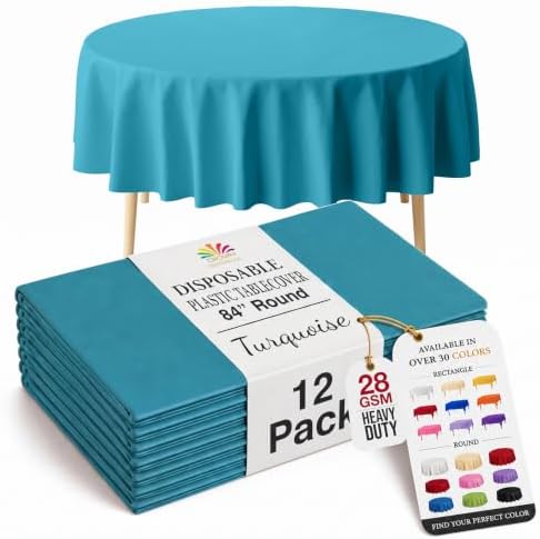 Round Turquoise Plastic Table Covers | 12 Pack | 84 in.