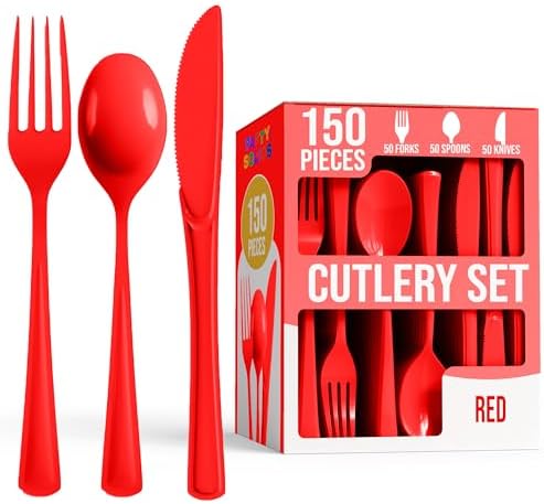 Red Cutlery Combo Set | 50 Forks 50 Spoons And 50 Knives | 7.5 in.