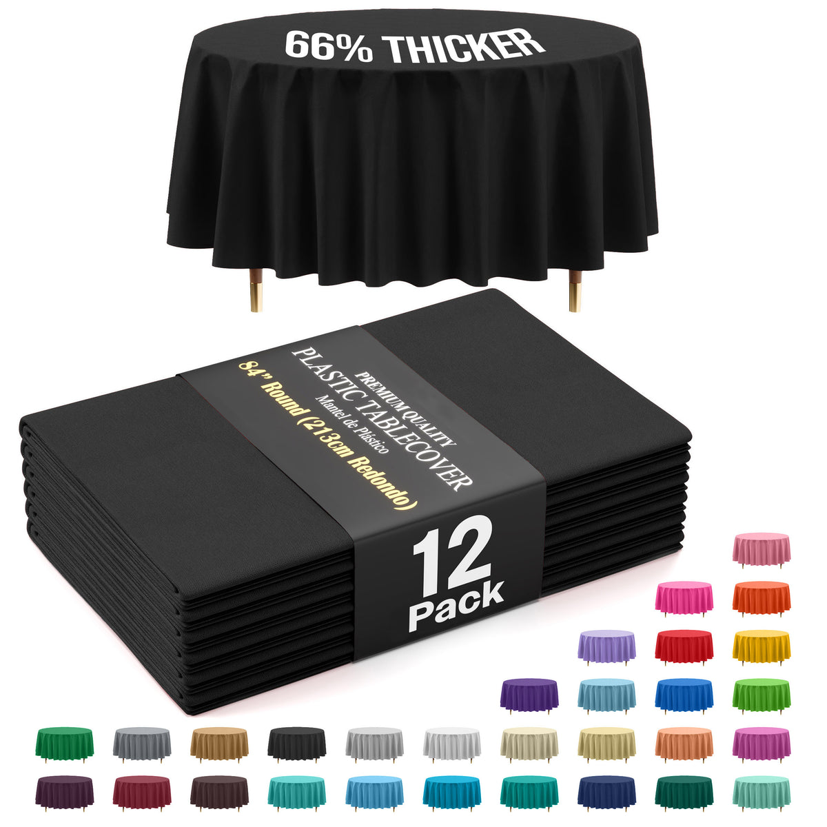 Premium Round Black Plastic Table Covers | 12 Pack | 84 in.