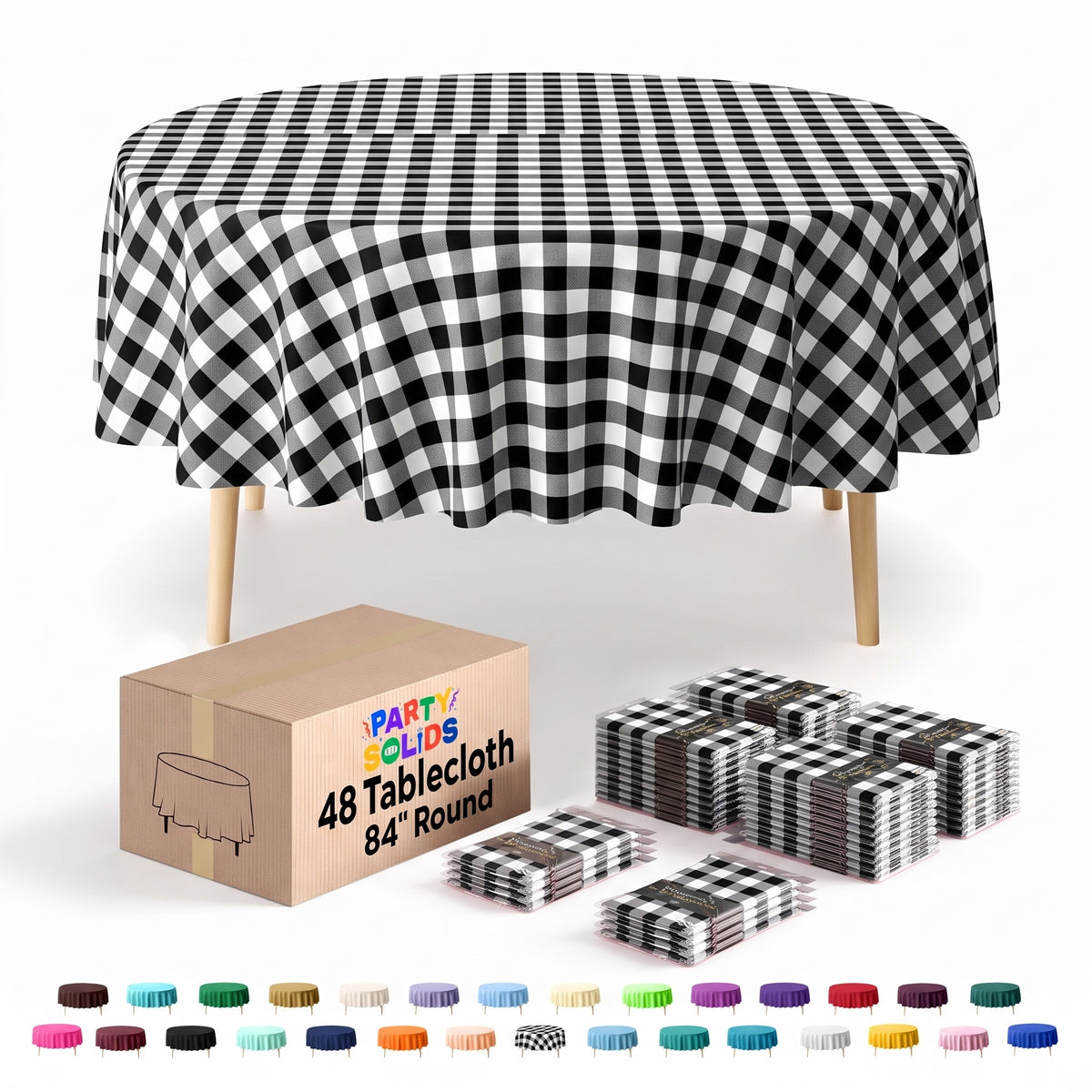 84 in. Round Black/White Checkered Plastic Table Cover | Case of 48