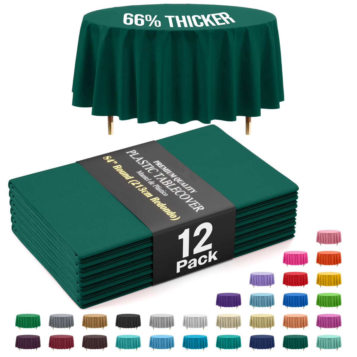 Premium Round Dark Green Plastic Table Covers | 12 Pack | 84 in.