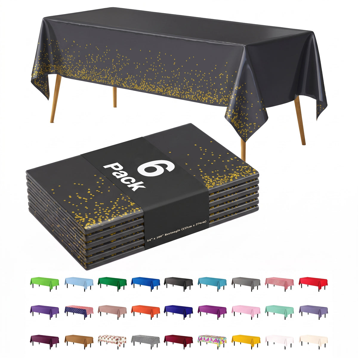 Black & Gold Celebrate Printed Plastic Table Covers | 6 Count | 54 in. x 108 in.