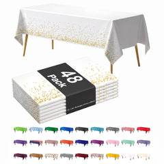 Celebrate Printed Plastic Table Cover White/Gold | Case of 48 | 54 in. x 108 in.