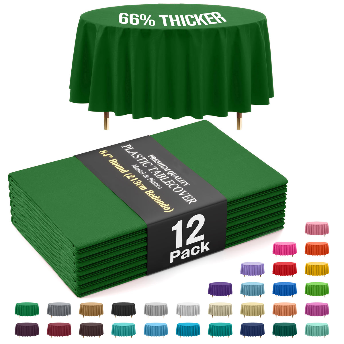 Premium Round Emerald Green Plastic Table Covers | 12 Pack | 84 in.