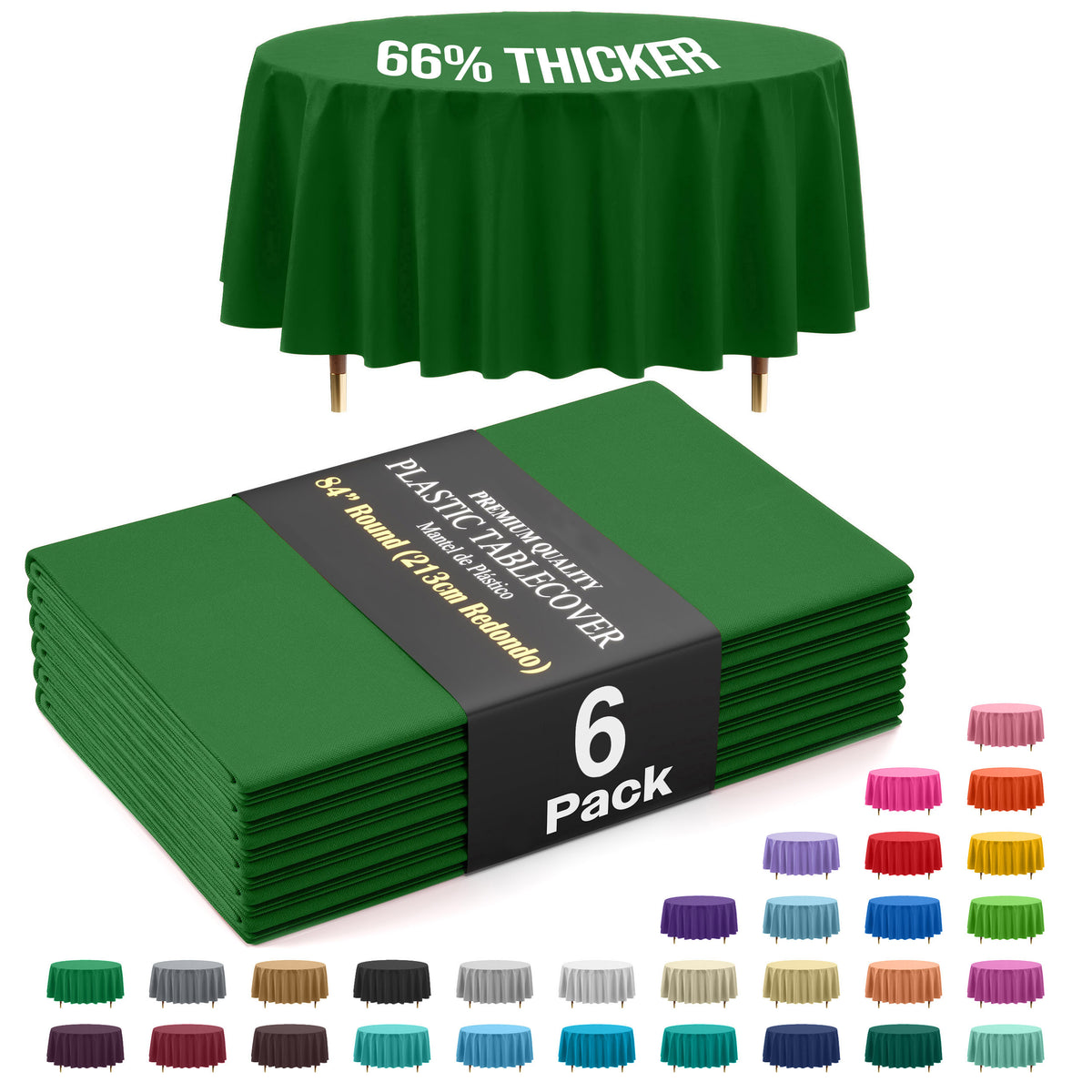 Premium Round Emerald Green Plastic Table Covers | 6 Pack | 84 in.