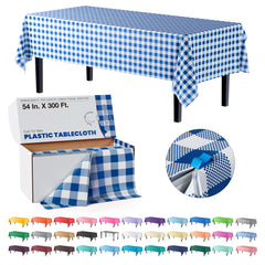 54 in. x 300 Ft. Cut to Size Plastic Table Cover  | Blue Gingham | Case of 4