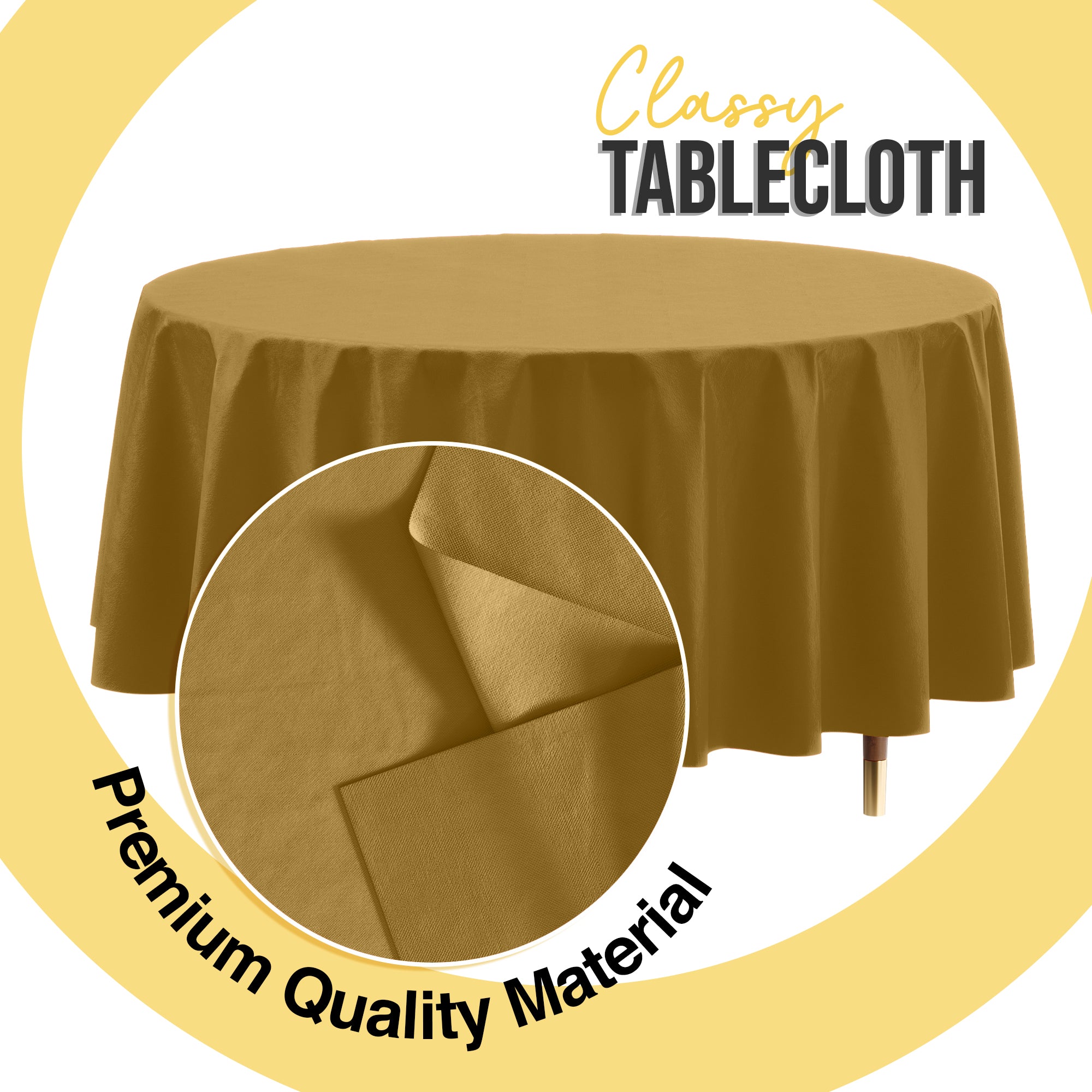 Premium Round Gold Plastic Table Cover | 84 in.